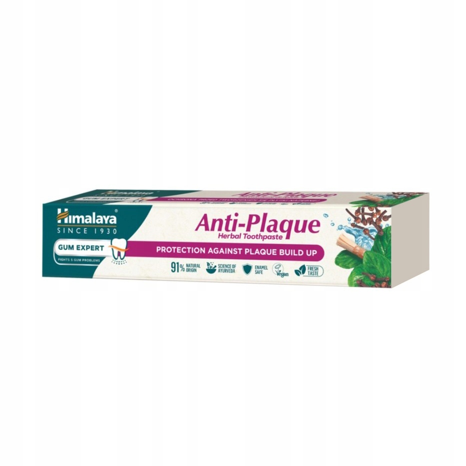 Himalaya Herbals Anti-Plaque Toothpaste box in shades of green and white, featuring a prominent purple label, herbal graphics, and claims of plaque protection for healthy gums.