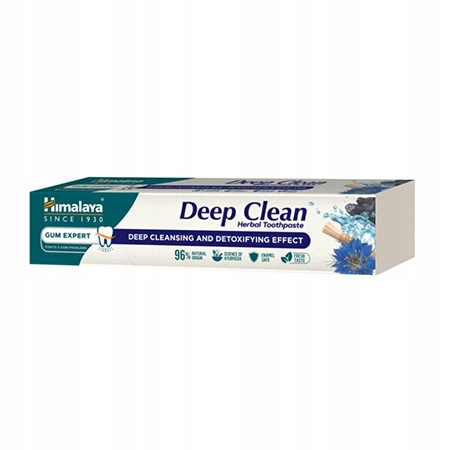Himalaya Herbals Deep Clean Toothpaste box in white and blue, featuring "Deep Clean" prominently, with herbal ingredients highlighted and a tooth graphic on the front.
