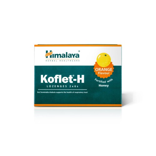 Himalaya Koflet-H lozenges box in orange and teal, featuring lemon, orange, and ginger flavors, with honey, labeled for respiratory health support.