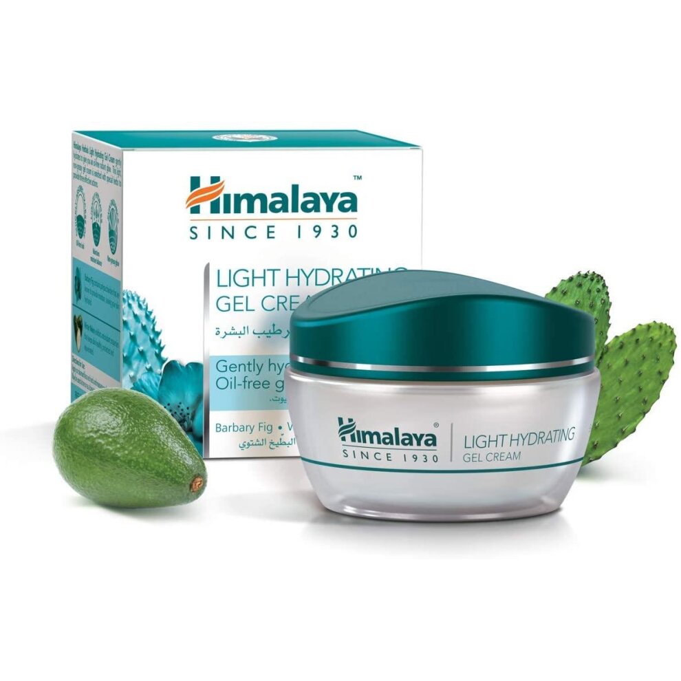 Himalaya Light Hydrating Gel Cream in a clear jar with a turquoise lid, accompanied by a green box and cactus and avocado illustrations, emphasizing its hydrating properties.