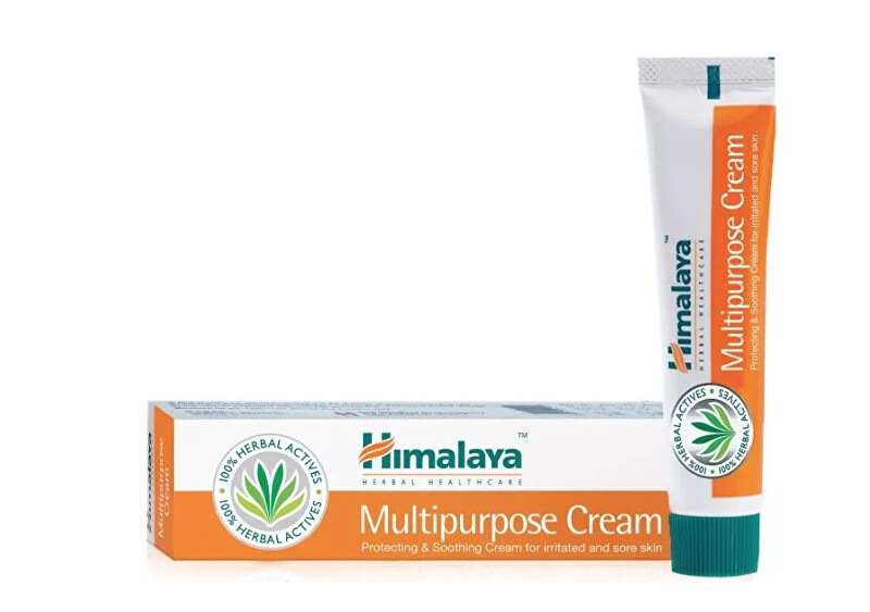 Himalaya Multipurpose Cream in a 20g white tube with an orange and green label, featuring a leaf logo and text highlighting its soothing and protective properties.
