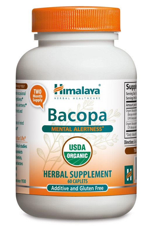 White bottle with an orange and green label, featuring "Himalaya" logo, "Bacopa" in bold, and "USDA Organic" seal; contains 60 caplets for mental alertness, labeled gluten-free.