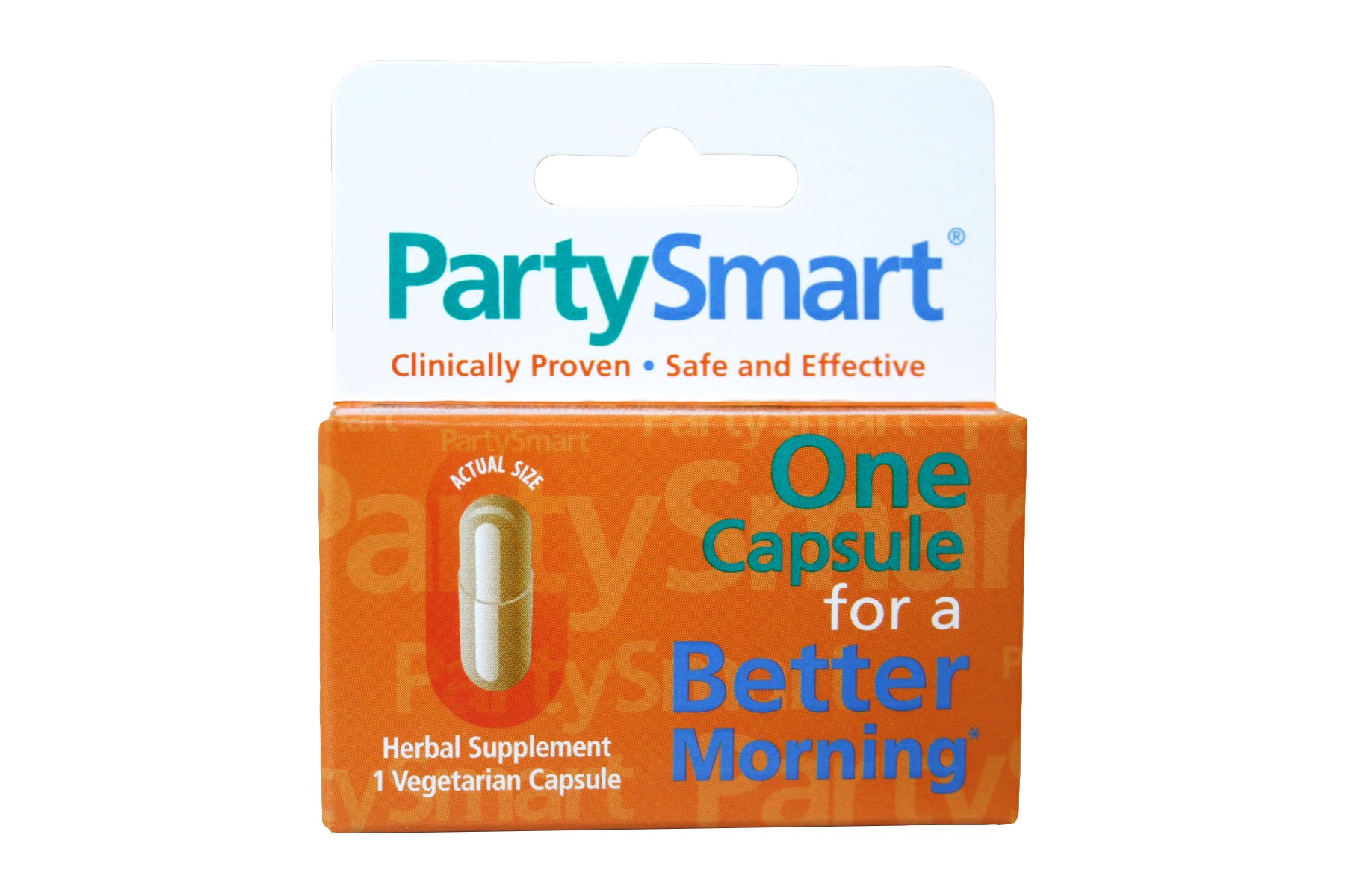 Bright orange box with white text, featuring "PartySmart" and "One Capsule for a Better Morning," containing one vegetarian capsule, labeled as an herbal supplement.
