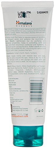 White tube with a turquoise cap, featuring "Himalaya Purifying Neem Mask" text and herbal graphics, detailing ingredients and usage instructions on the back.