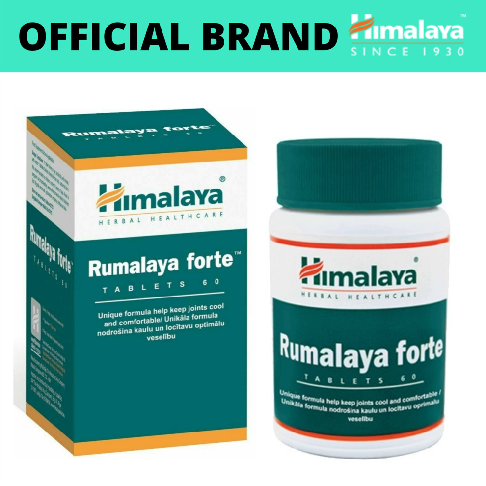 Himalaya Rumalaya Forte, a white bottle with a green label, contains 60 tablets, accompanied by a matching green and white box featuring the Himalaya logo and product details.