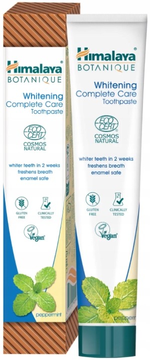 Himalaya Herbals Botanique Whitening Toothpaste in a 75 ml tube, featuring a green and white design with peppermint leaves, highlighting eco-certification and vegan labeling.