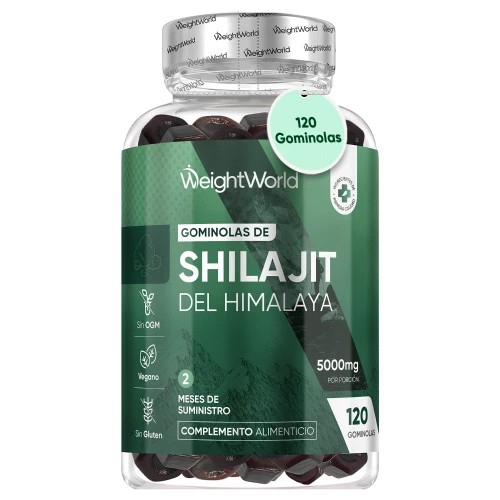 Himalayan Shilajit Gummies in a clear plastic bottle, featuring a green label with white text, containing 120 dark brown gummies, labeled as vegan and gluten-free.