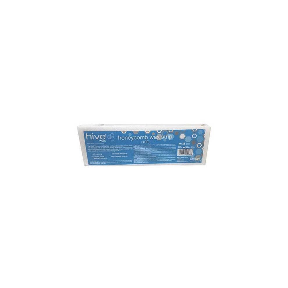 Hive Honeycomb Wax Strips packaging features a light blue background with white polka dots, showcasing the brand name and product details in clear, bold text.