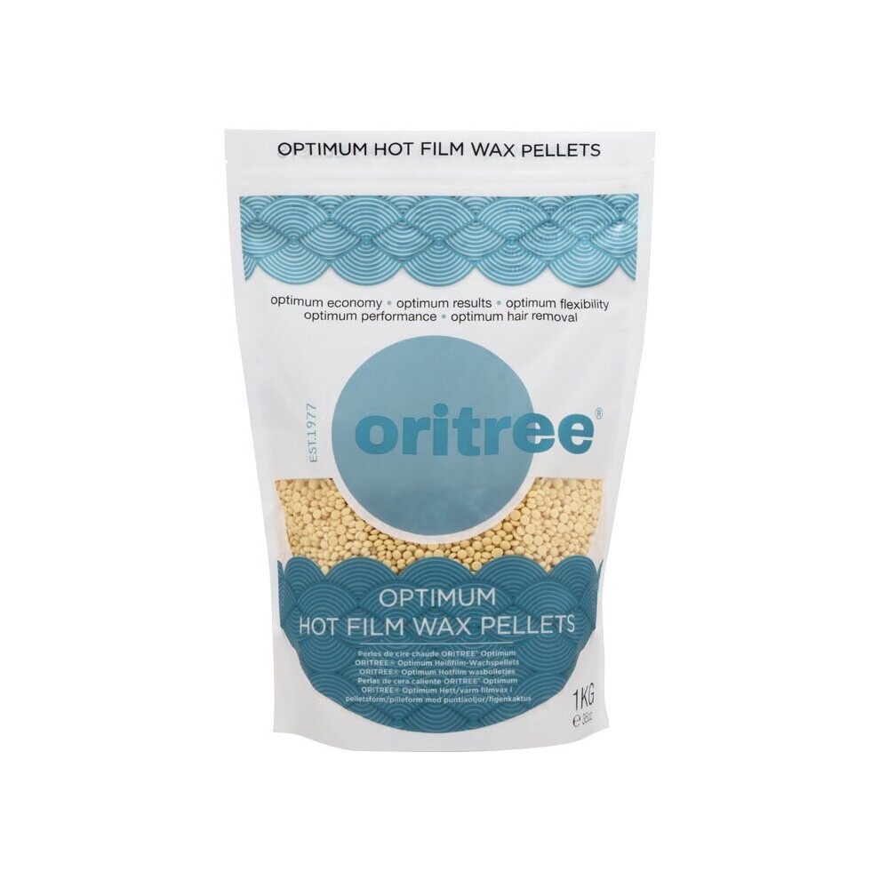 Oritree Optimum Hot Wax Pellets in a 1kg bag featuring a blue and white design, with a clear window showcasing yellow wax pellets inside.