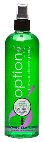 Bright green plastic bottle of Hive Pre Wax Cleansing Spray, 400ml, featuring a sleek design with purple accents and labeled with tea tree and lemon essential oils.