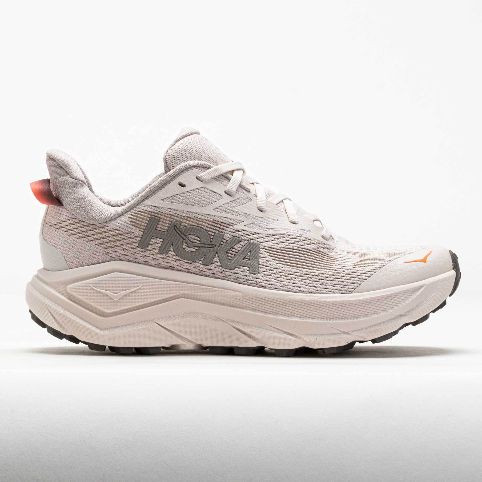 HOKA Women's Challenger 8 Road Running Shoes in Stucco/Asphalt Grey, featuring a breathable mesh upper, cushioned midsole, and durable rubber outsole, size 4.5 W.