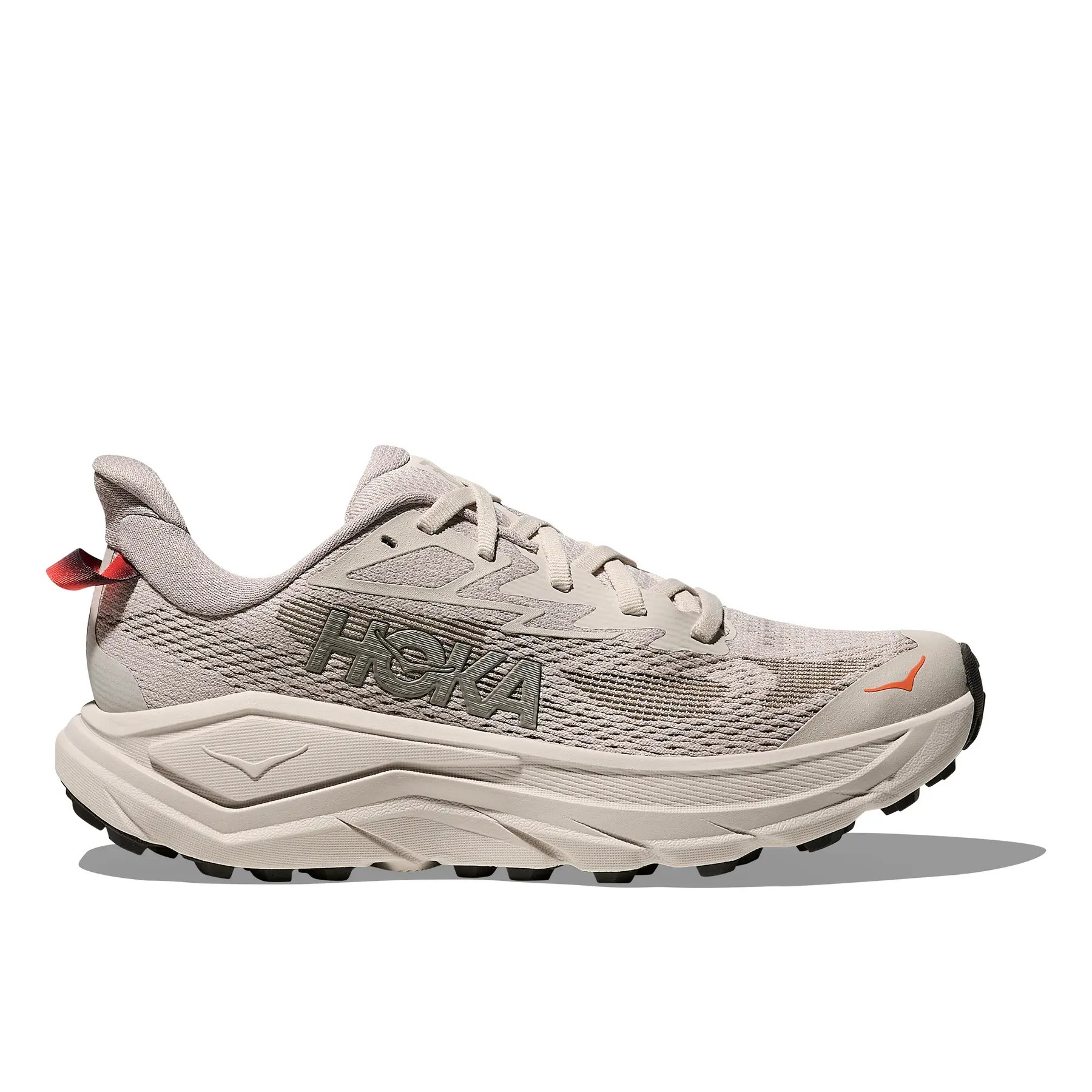 HOKA Women's Challenger 8 Road Running Shoes in Stucco/Asphalt Grey, featuring a breathable mesh upper, cushioned sole, and red pull tab, size 4 W.
