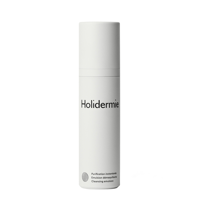 White cylindrical bottle with a pump dispenser, labeled "Holidermie" and "Purification Instantanee Emulsion," featuring a minimalist design and a clean aesthetic.