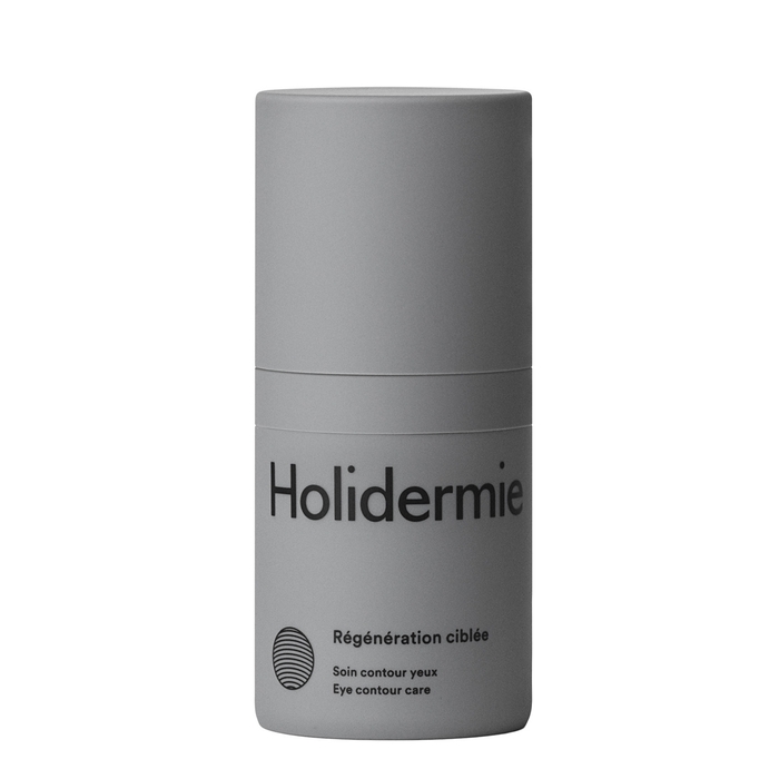 Gray cylindrical bottle of Holidermie Regeneration Ciblee Eye Contour Care, featuring minimalist black text and a pump dispenser, labeled for targeted eye care, 15ml.