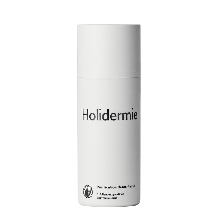 White cylindrical bottle with a matte finish, labeled "Holidermie" in bold black font, featuring "Purification Detoxifiante Scrub" and "50ml" in smaller text.