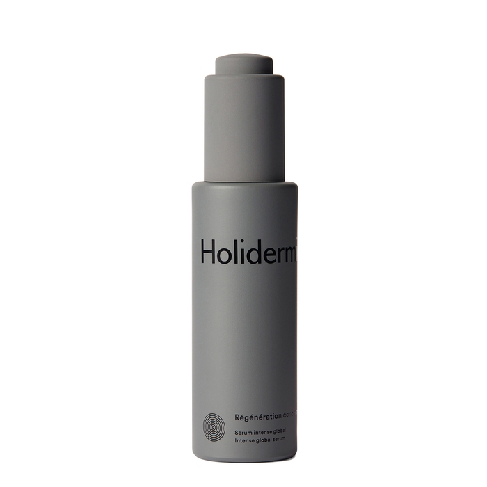 Gray cylindrical bottle with a pump top, labeled "Holidermie" and "Régénération concentrée," containing 30ml of intense global serum.