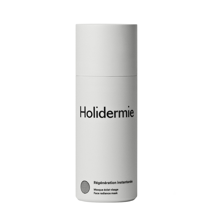 White cylindrical bottle with a smooth matte finish, labeled "Holidermie" in bold black text, containing 50ml of face radiance mask, featuring minimalist design.