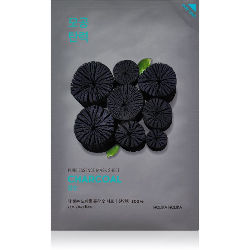 Charcoal mask sheet featuring a dark gray packaging with black floral designs, labeled "Pure Essence Mask Sheet Charcoal," 23 ml by Holika Holika.