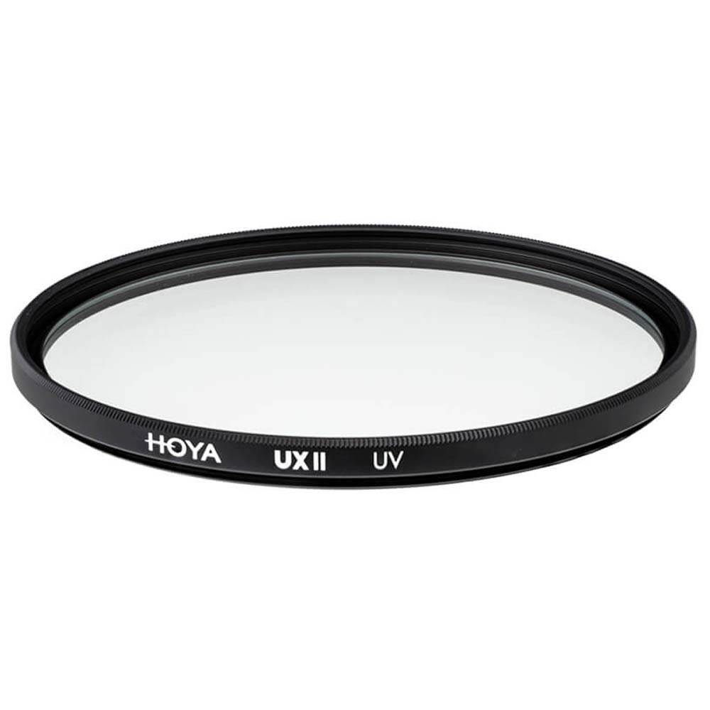 Circular Hoya 67MM UX II UV filter with a black metal frame and clear glass, featuring engraved white text indicating the brand and model.