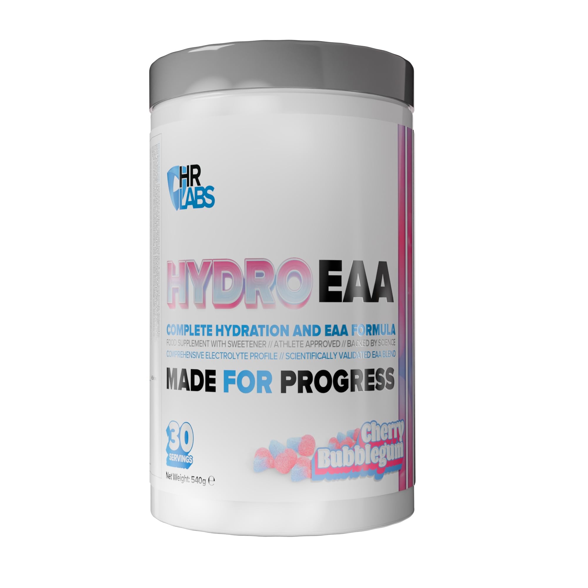 White container of HR Labs HydroEAA 540g with a colorful label featuring "Cherry Bubblegum" flavor, highlighting 30 servings and key benefits for hydration and muscle support.