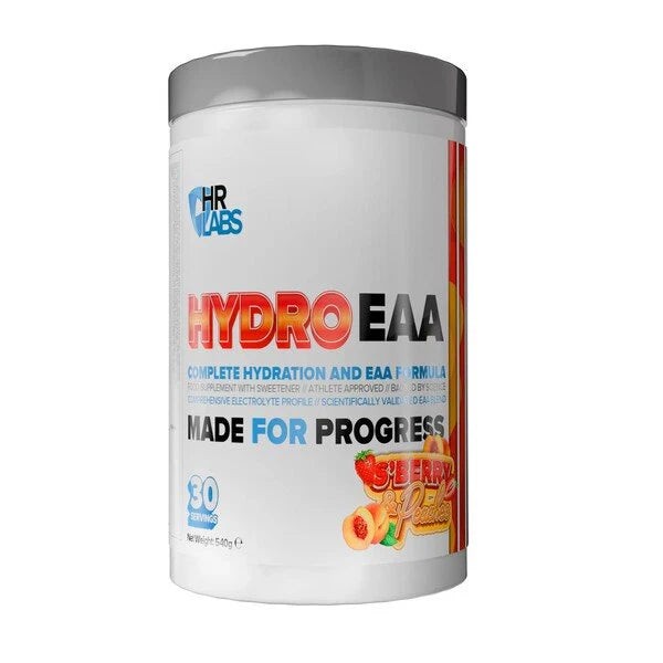 White container with a silver lid, labeled "HYDRO EAA" in bold red letters, featuring "S'Berry & Peaches" flavor and details about hydration and EAA formula, with 30 servings noted.