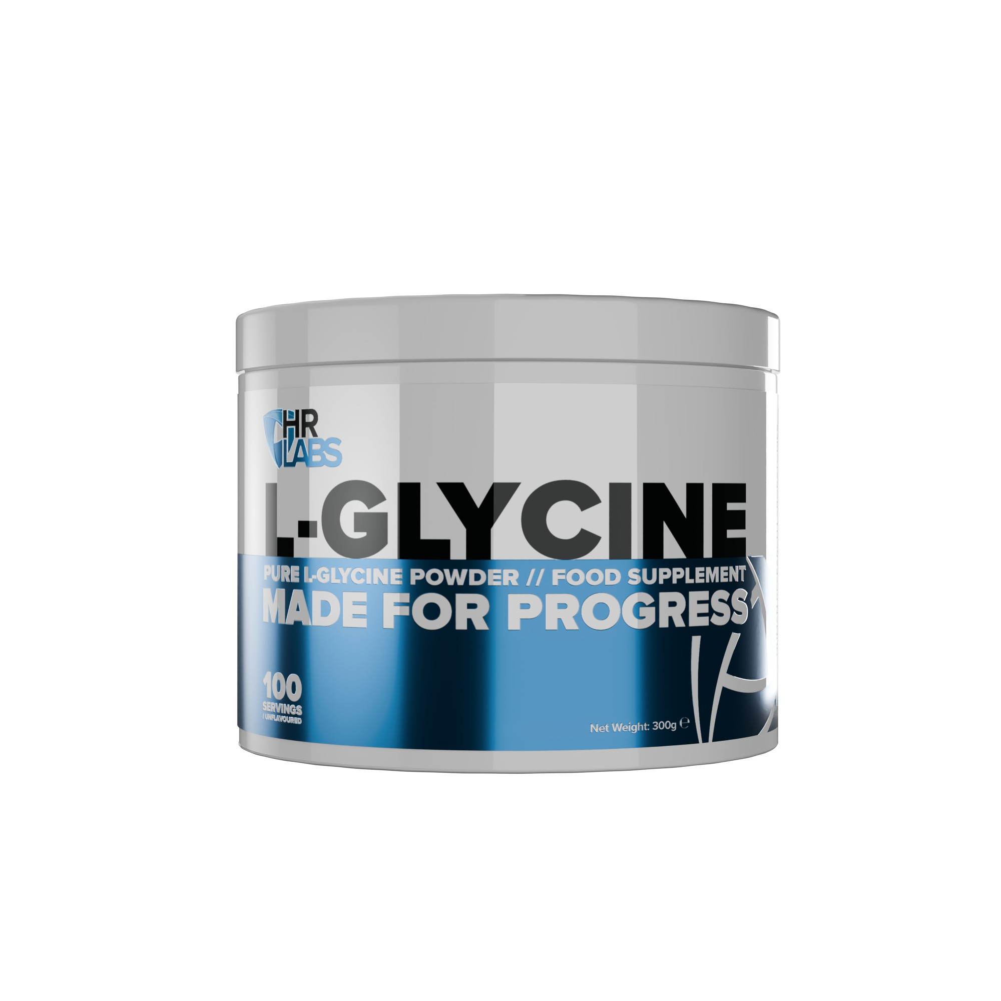 Silver and blue cylindrical container of HR Labs L-Glycine 300g, featuring bold text stating "PURE L-GLYCINE POWDER // FOOD SUPPLEMENT" and "MADE FOR PROGRESS."