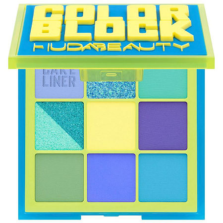 Huda Beauty Color Block Obsessions Eyeshadow Palette featuring nine vibrant shades in blue and green hues, housed in a bright yellow and blue compact with a playful design.