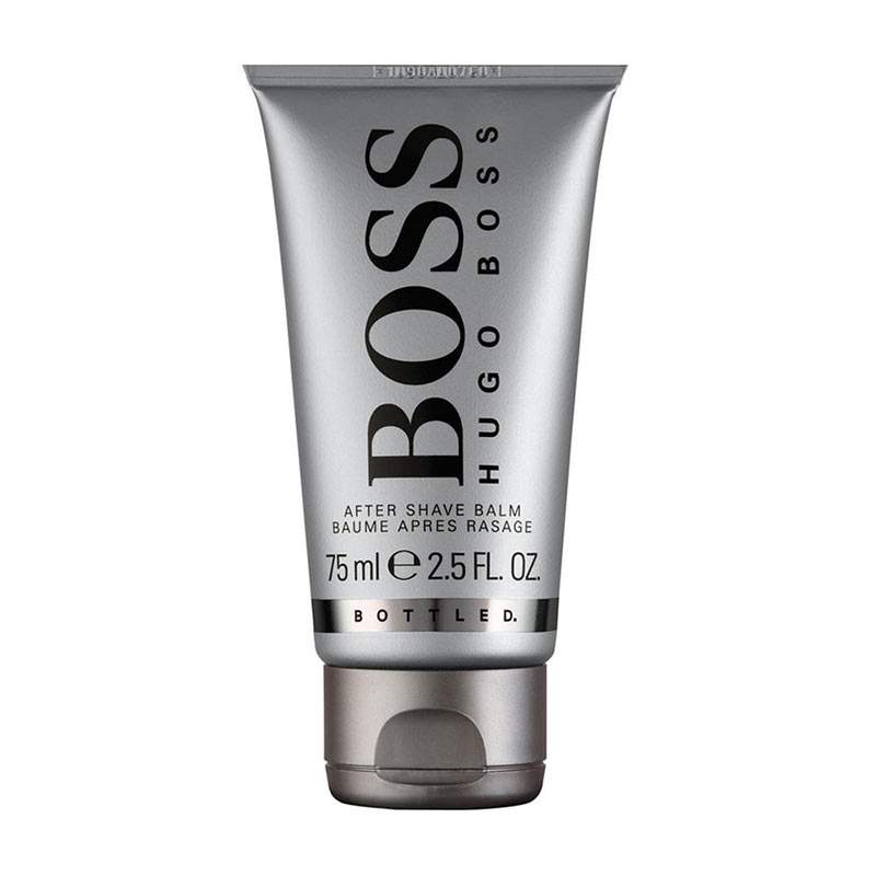 Silver tube of Boss Men's Bottled Aftershave Balm, featuring bold black text, 75 ml size, with a sleek design and a clear cap.