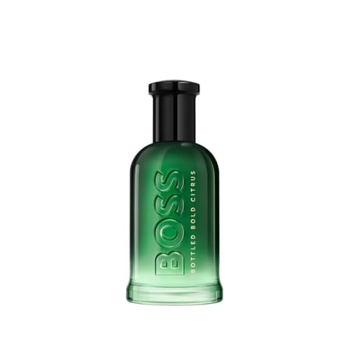 Green glass bottle with a sleek design, featuring bold "BOSS" lettering and a black cap, containing Hugo Boss Boss Bottled Bold Citrus EDP, 100 ml.
