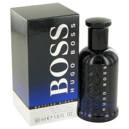 Black glass bottle with a sleek design, featuring a round cap, alongside a matching black and blue box, labeled "BOSS HUGO BOSS BOTTLED NIGHT" in bold white letters.