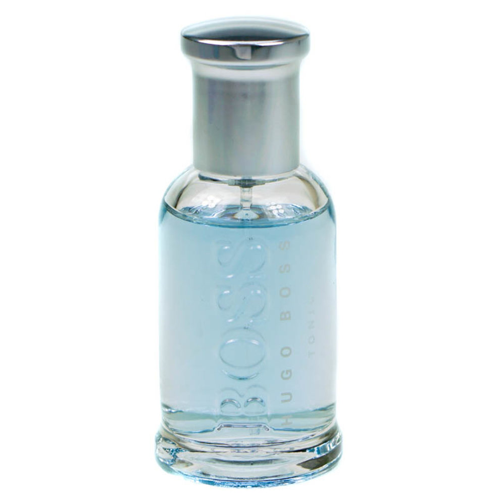 Clear glass bottle with a silver cap, featuring the embossed logo "BOSS" and "HUGO BOSS" in light blue liquid, designed for men, 1 oz EDT spray.