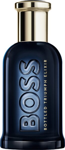 Dark blue glass bottle with a sleek, rounded shape, featuring a prominent embossed "BOSS" logo and a gold-colored cap, labeled "Bottled Triumph Elixir Intense 50 ml."