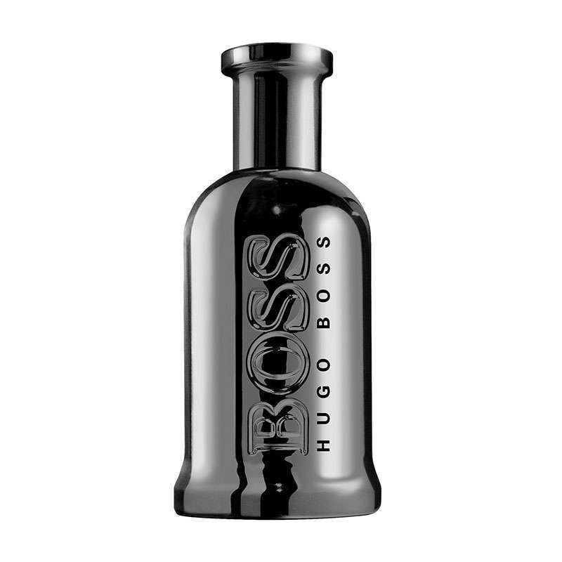 Sleek black glass bottle of Hugo Boss Boss Bottled United Eau De Parfum, featuring embossed logo and a stylish, modern design, holding 100ml of fragrance.