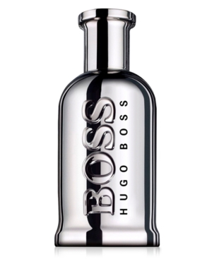 Sleek silver bottle of Boss Bottled United Eau De Toilette, featuring a bold "BOSS" logo and a classic, minimalist design, holding 3.3 oz of fragrance.