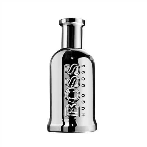 Silver metallic bottle with a sleek, rounded shape, featuring "BOSS" and "HUGO BOSS" embossed in bold letters, containing 50ml of EDT spray.