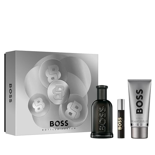 Black glass bottle of Hugo Boss Bottled EDP, a sleek silver tube of shower gel, and a small EDP vial, all presented in a stylish silver and black gift box.