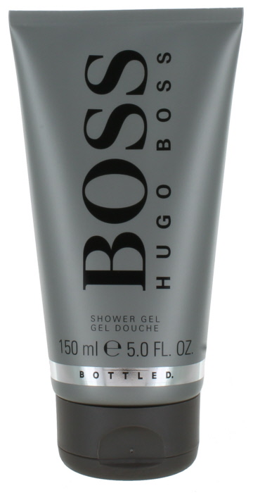 Gray tube of Boss Bottled shower gel by Hugo Boss, featuring bold black text, a flip-top cap, and 150 ml capacity, with a sleek, modern design.
