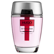 Clear glass bottle with a silver cap, featuring a bold red stripe and "HUGO energise" label, containing 2.5oz of light pink eau de toilette.