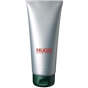Silver tube of Hugo by Hugo Boss shower gel for men, featuring a red "HUGO" logo and a green flip-top cap, with a capacity of 6.7 oz.