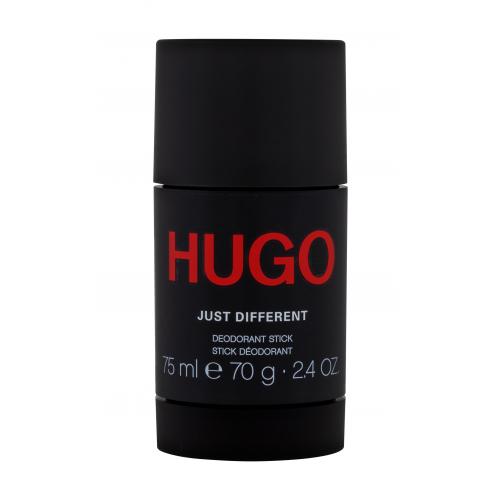 Black deodorant stick with a sleek design, featuring bold red text that reads "HUGO" and "JUST DIFFERENT," and labeled with 75 ml and 70 g specifications.