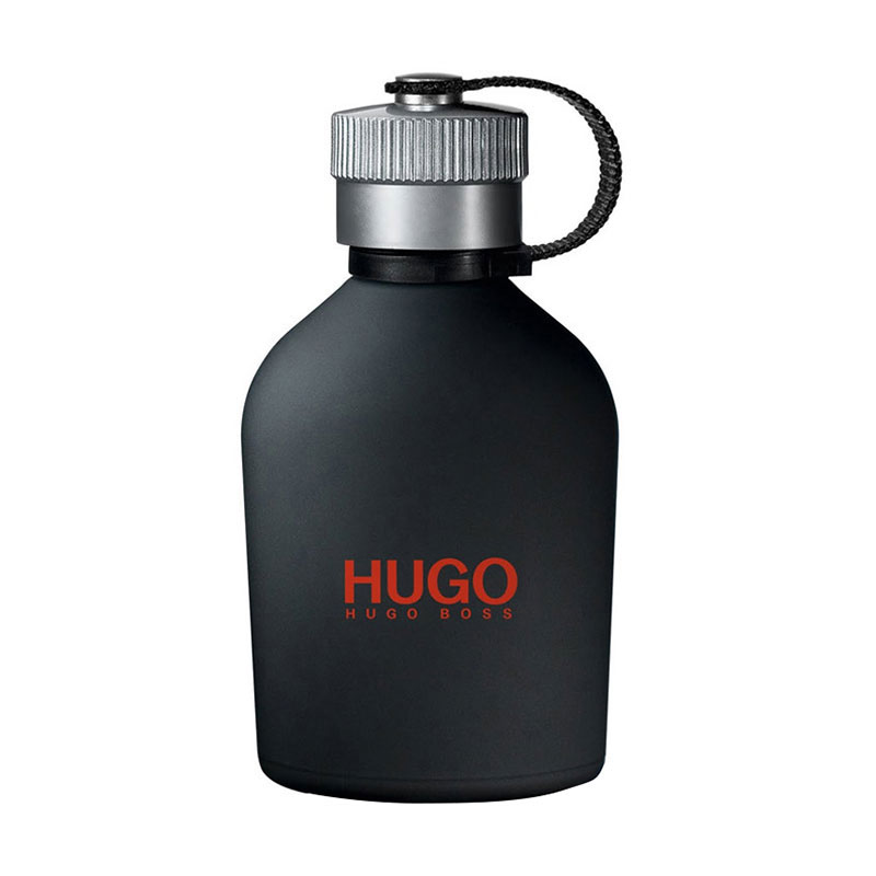 Black matte bottle with a silver cap and a black cord, featuring bold red text that reads "HUGO" and "HUGO BOSS," containing 4.2 oz of Hugo Just Different Eau De Toilette for men.