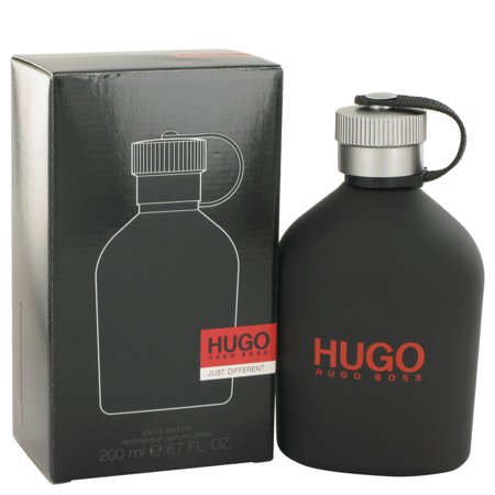 Black matte bottle with a silver cap and a pull tab, alongside a sleek black box featuring a minimalist design and red "HUGO" branding, labeled "Just Different Eau De Toilette 6.7 Oz."