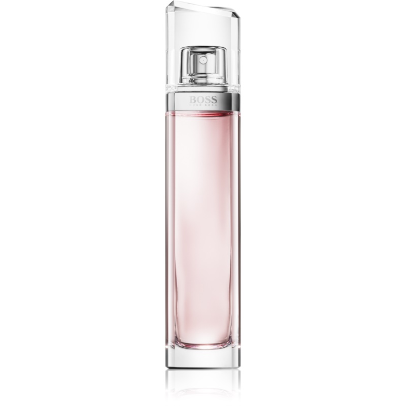 Clear glass bottle with a sleek, modern design, featuring a pink liquid inside and a silver cap, labeled "Hugo Boss Ma Vie Pour Femme L'Eau 75ml EDT Spray."