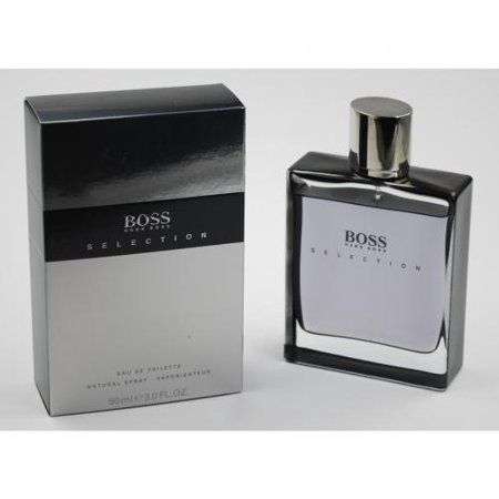 Clear glass bottle with a sleek rectangular design, silver cap, and black label reading "BOSS SELECTION," alongside a silver and black box packaging.