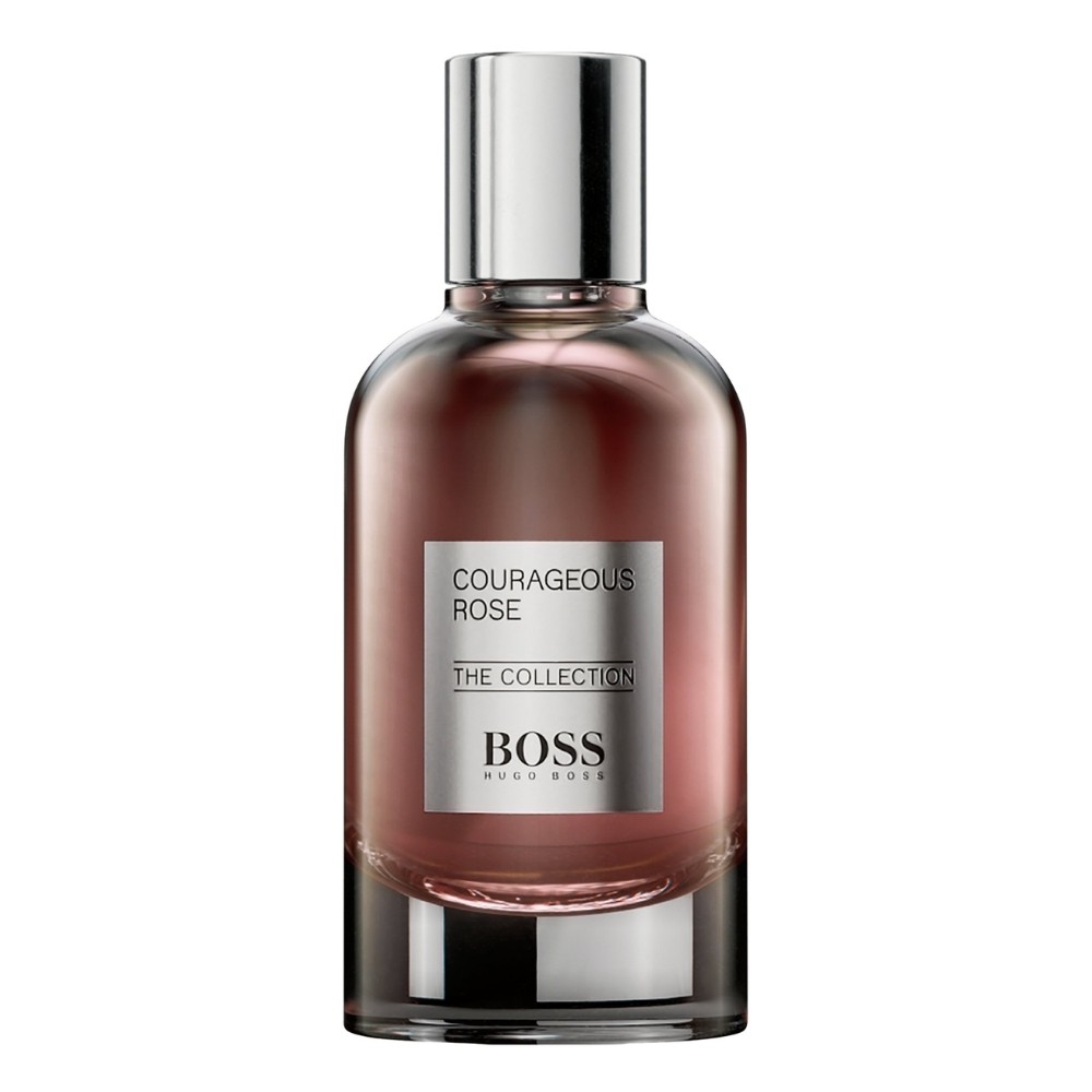 Clear glass bottle with a rounded shape, filled with a pink liquid, featuring a silver cap and a label that reads "COURAGEOUS ROSE" and "THE COLLECTION" by BOSS Hugo Boss.