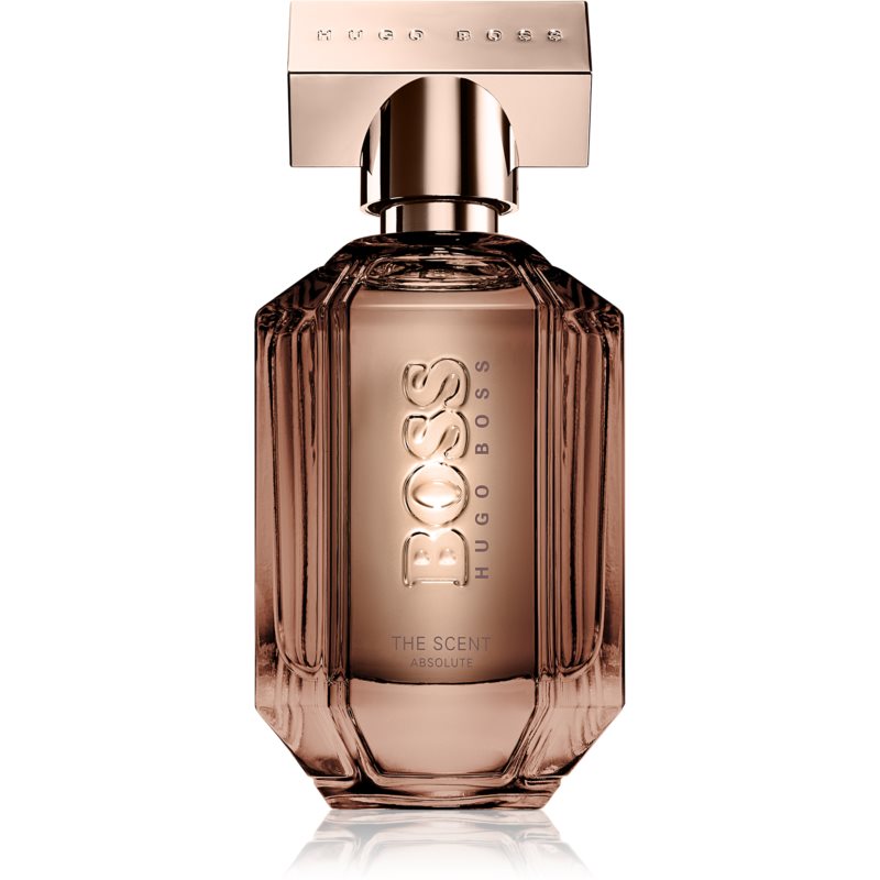 Rose gold glass bottle with a geometric design, featuring the embossed logo "BOSS HUGO BOSS" on the cap, containing 50ml of "The Scent for Her Absolute" Eau De Parfum.