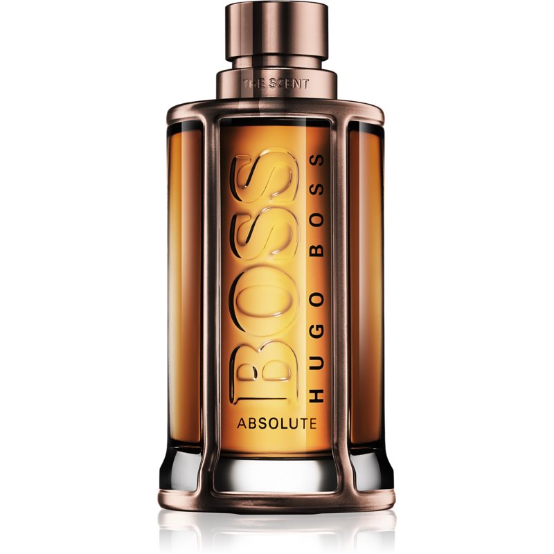 Elegant glass bottle of Boss the Scent Absolute by Hugo Boss, featuring a rose gold cap, amber liquid, and bold lettering on the front.