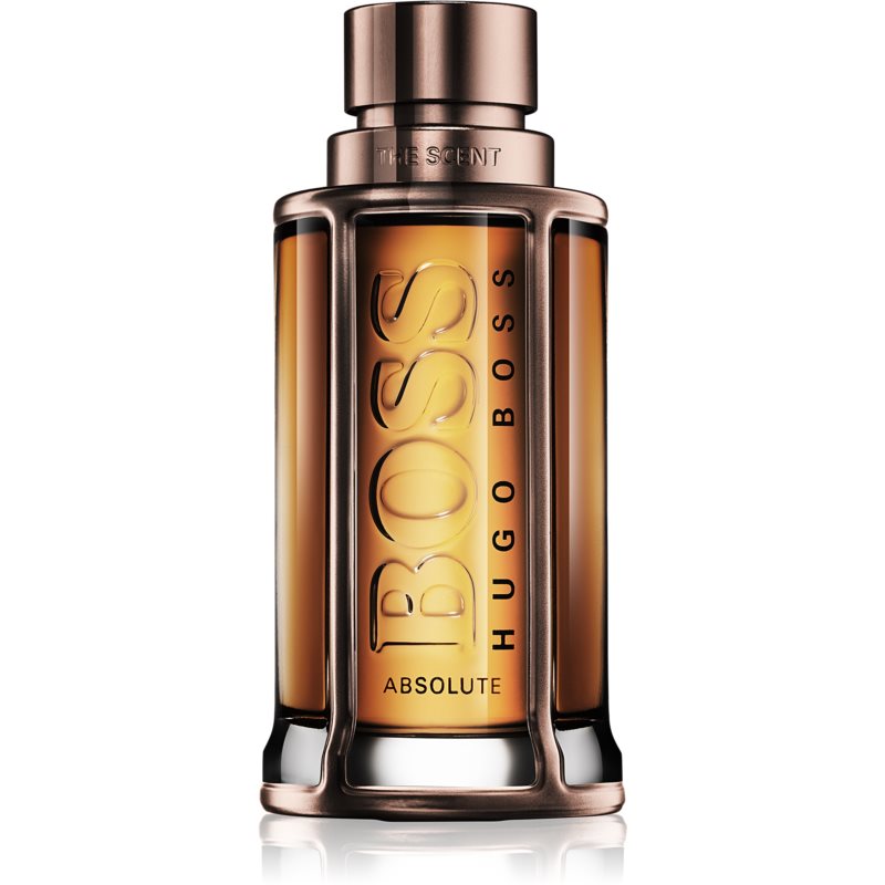 Hugo Boss The Scent Absolute Eau De Parfum 50ml features a sleek glass bottle with a bronze cap, showcasing a warm amber fragrance inside, embossed with "BOSS" and "ABSOLUTE."