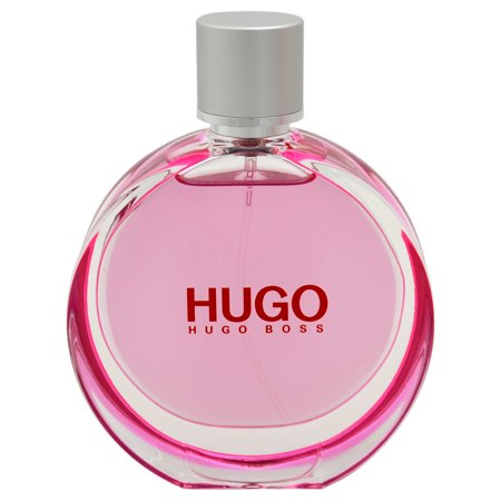 Clear glass bottle with a round shape, featuring a bright pink liquid, silver cap, and bold red "HUGO" logo prominently displayed on the front.