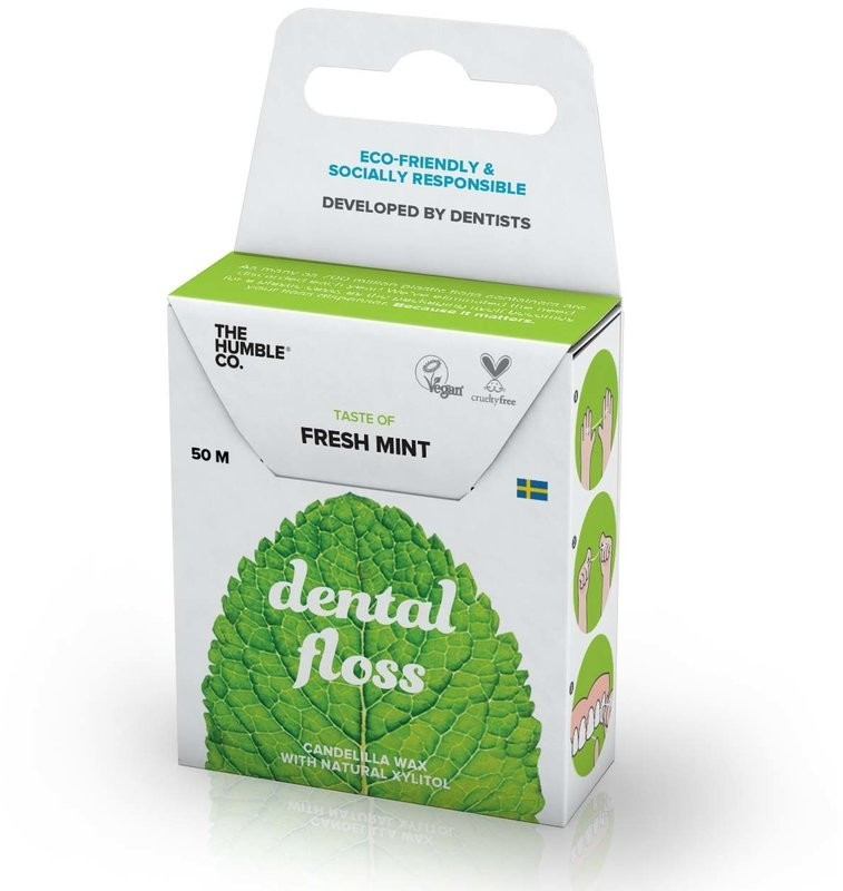 Green box featuring a leaf design, labeled "dental floss" in white text, with a fresh mint flavor, 50 meters, eco-friendly, and developed by dentists.